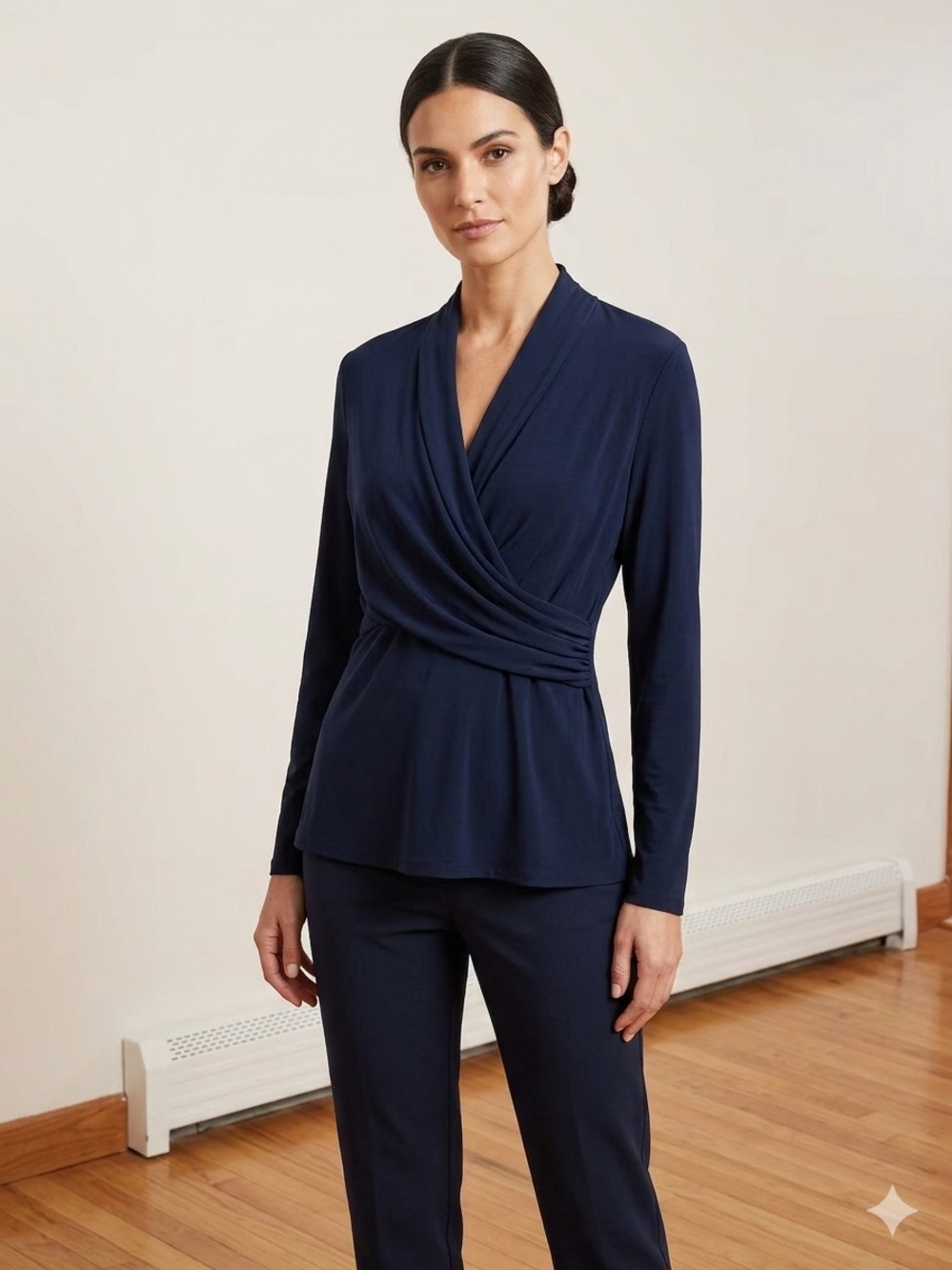 DKNY Women’s Navy Blue Matte Jersey Faux Wrap Top Long Sleeve Size L